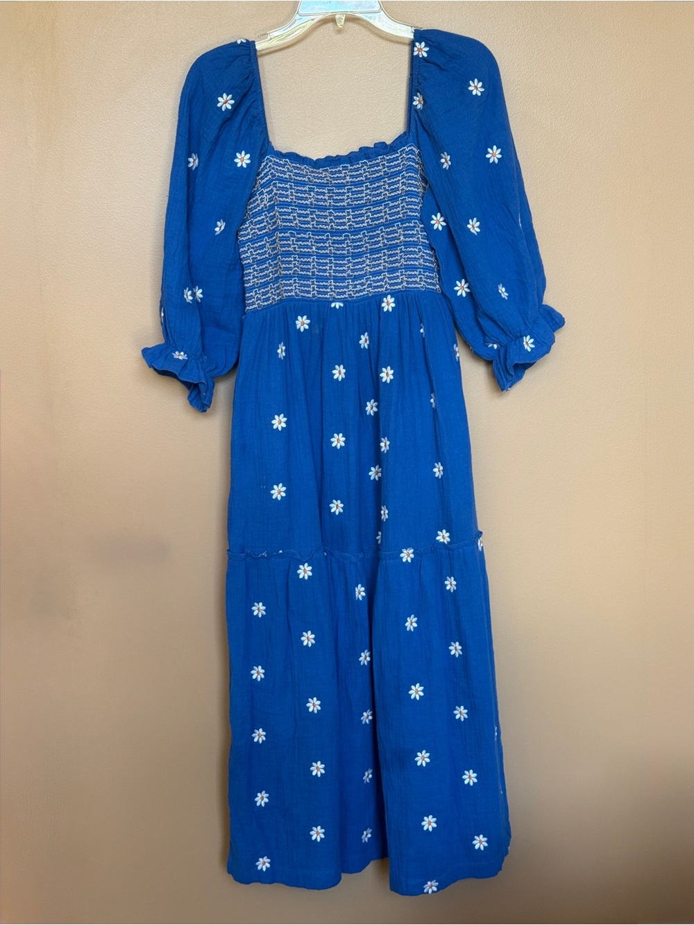 Free People Royal Blue Maxi Prairie Dress with White Daisy Embroidery